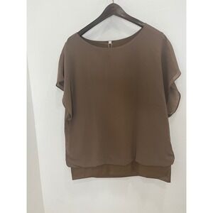 VIISHOW Chiffon Blouse Womens Large Brown New Short Flutter Sleeve Layered Top